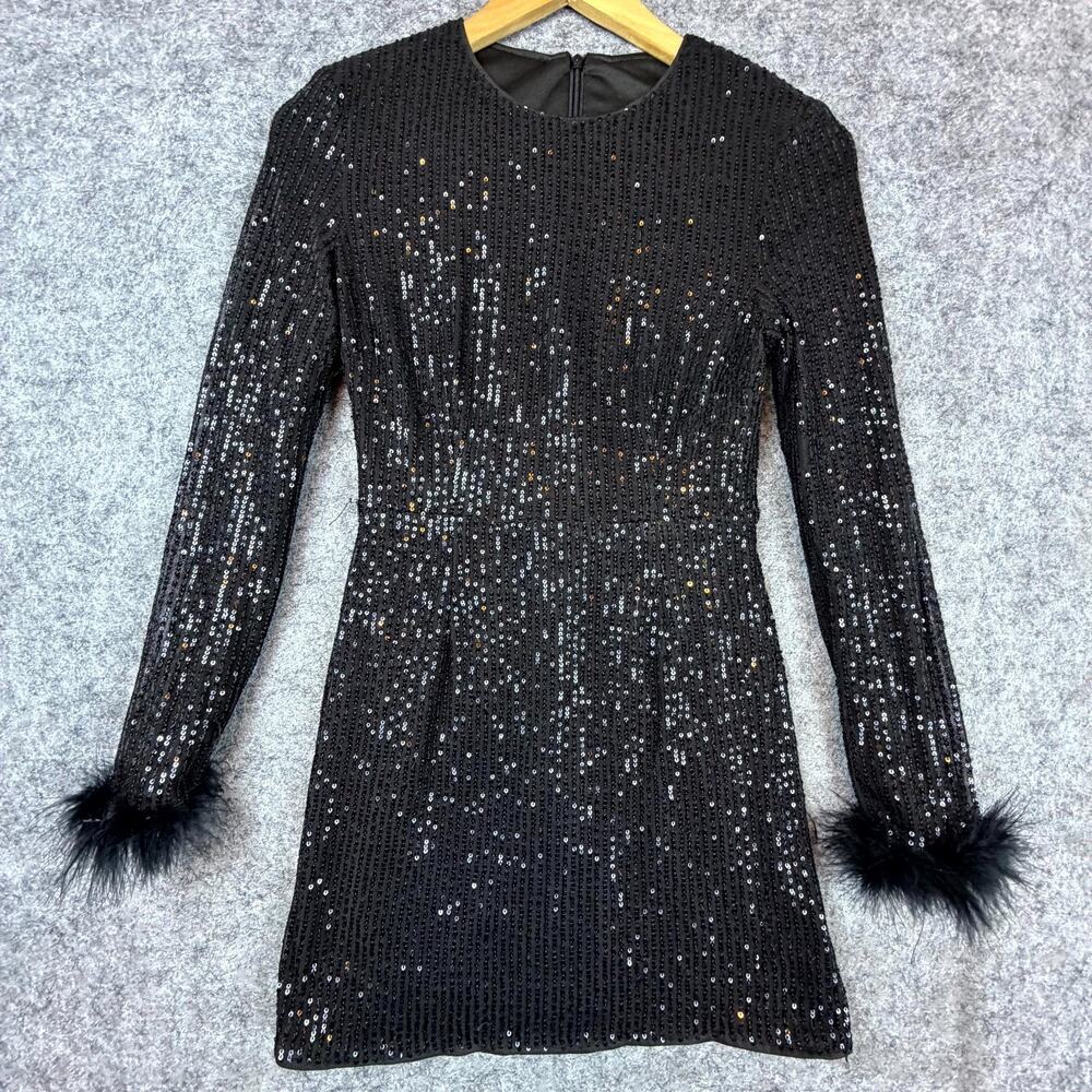 Bling Mini Dress Womens 2 Black Sequin Fur Cuff NYE Sparkle Party Holiday Diva